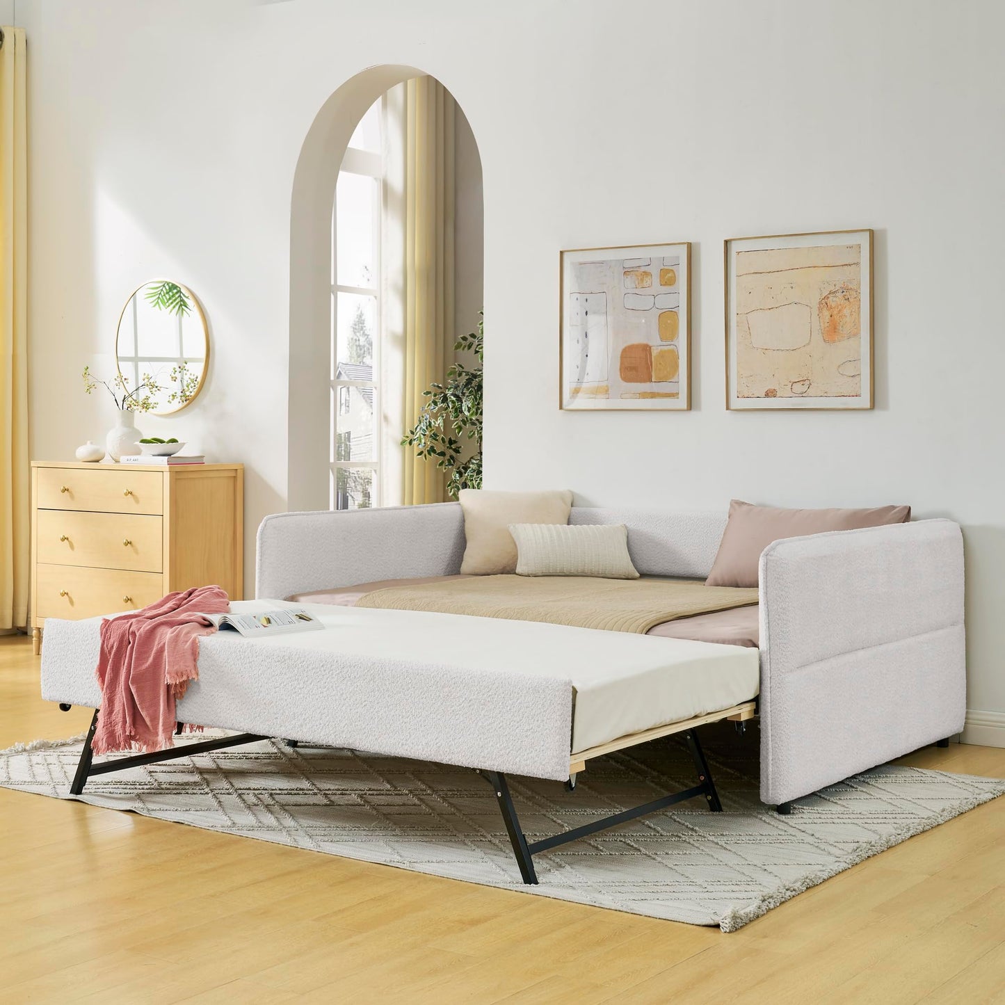 KEIKI Full Size Upholstery Tufted Daybed with Erectable Trundle, Full to King Design Modern Extendable Boucle Sofa Bed, Easy Assembly, No Box Spring Required, for Living Room and Bedroom, Beige
