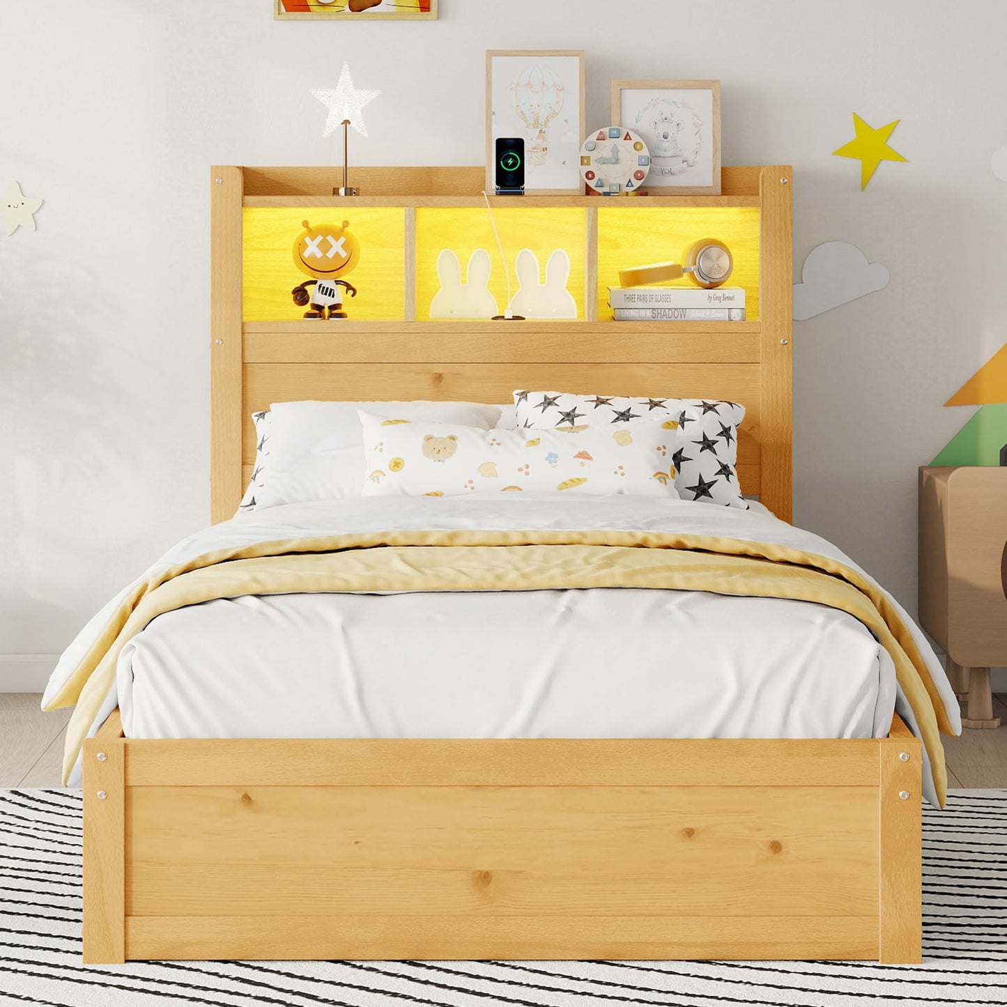 KEIKI Twin Size Wood Platform Bed Frame with Storage Headboard & Pull Out Storage Cabinet & 2 Drawers, Modern Bed with Solid Slats & Socket, No Box Spring Required, Easy Assembly, for Bedroom, Natural