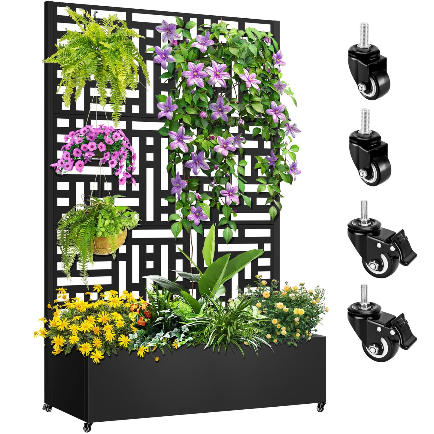 Meyoppm 72"x47"x16" Metal Planter Box with Trellis, Galvanized Steel Raised Garden Bed with Lockable Casters & Drainage Holes, Outdoor Large Planter Box for Climbing Plants, Vegetables & Flowers