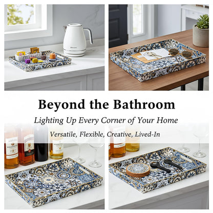 Hiceeden Set of 2 Decorative Serving Trays with Handles, Boho Tea Trays Ottoman Trays for Serving, Modern Plastic Coffee Table Tray for Living Room, Kitchen, Bathroom, Rectangle, Blue