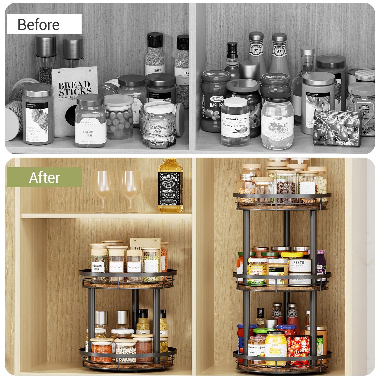 LAMU 10'' Wood Lazy Susan Spice Rack Organizer, 2 Tier Spice Organization for Cabinet, Countertop, Kitchen, Table Top, Pantry, Condiment and Seasoning Rack Organizer