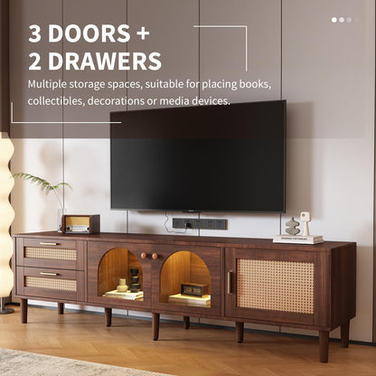 Merax LED TV Stand for TVs up to 80", Boho Entertainment Center with Rattan Decor, Multi-Functional Media Console & 3 Storage Cabinets and 2 Drawers for Living Room, Bedroom, Home Theatre, Dark Brown