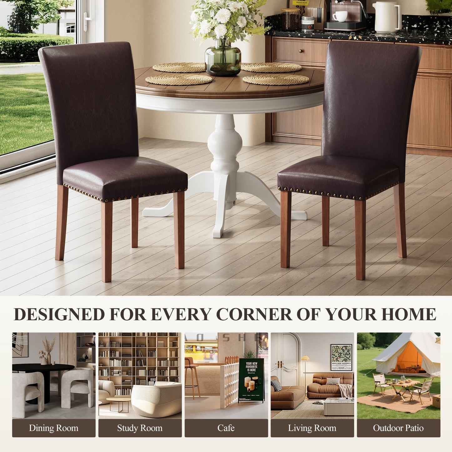 COLAMY Upholstered Parsons Dining Chairs Set of 4, PU Leather Dining Room Kitchen Side Chair with Nailhead Trim and Wood Legs - Dark Brown