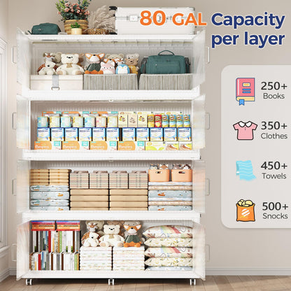 QAVAHIDUS 1280QT Storage Bins with Lid Extra Large Stackable Closet Organizer Plastic Container Box, 320Gal 4-Tier Collapsible Cabinet with Wheels and Doors for Living Room Kitchen Office Dorm, White