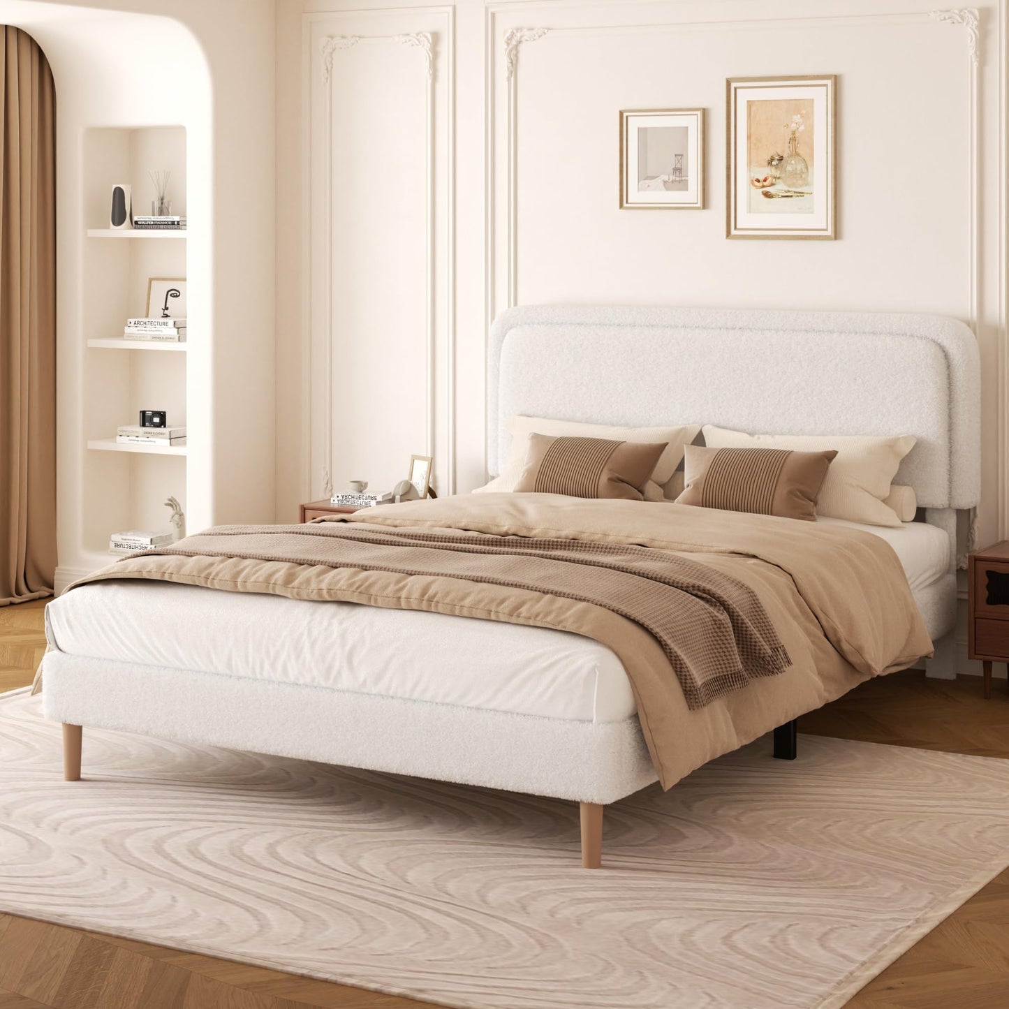 viplov Queen Size Boucle Upholstered Platform Bed Frame with Adjustable Headboard, Soft Cloud Bed, No Box Spring Needed, Noise Free, Easy Assembly, White