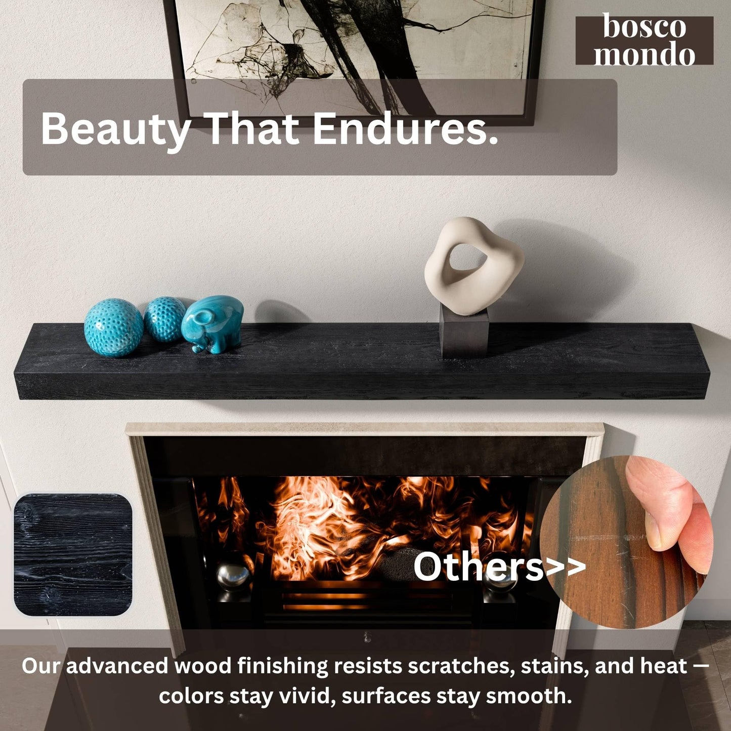 BoscoMondo Solid Wood Fireplace Mantel Shelf, Floating Mantle for Living Room, Farmhouse Rustic Wood Mantel, Easy Wall Mount with Heavy-Duty Metal Bracket (72", Intense Black)