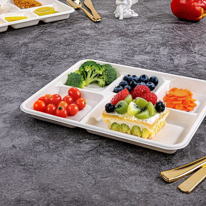 WELLIFE 125 Pack Kids Small 5-Compartment Paper Plates, 10.25x8.25 Inch 100% Compostable Divided Plates, Disposable School Lunch Trays, Eco-Friendly Bagasse Plate for Boys Girls and Youth (BPA Free)