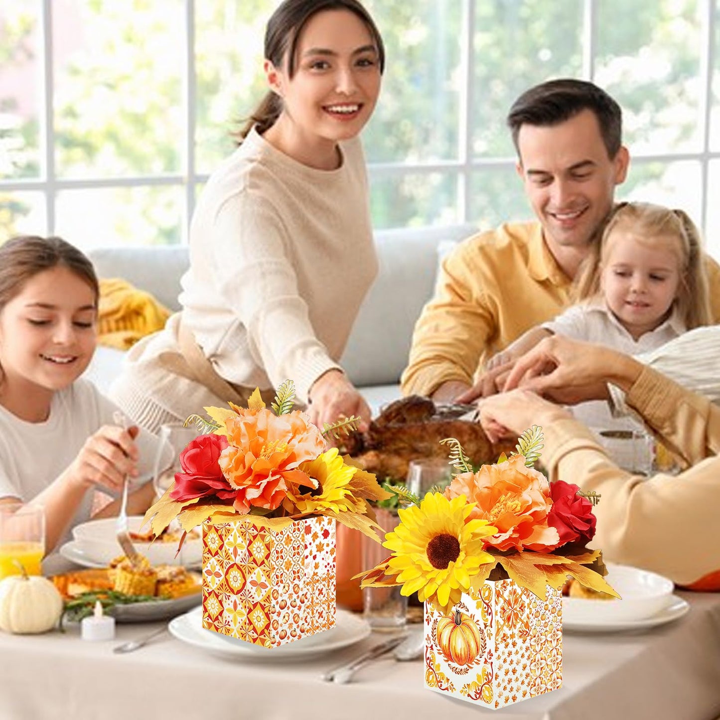 Pzhgoct Thanksgiving Centerpices for Tables Thanksgiving Table Decor with Artificial Flowers Set for Autumn Fall Office Home Farmhouse Harvest Holiday Party Centerpieces Decor (4 Sets)