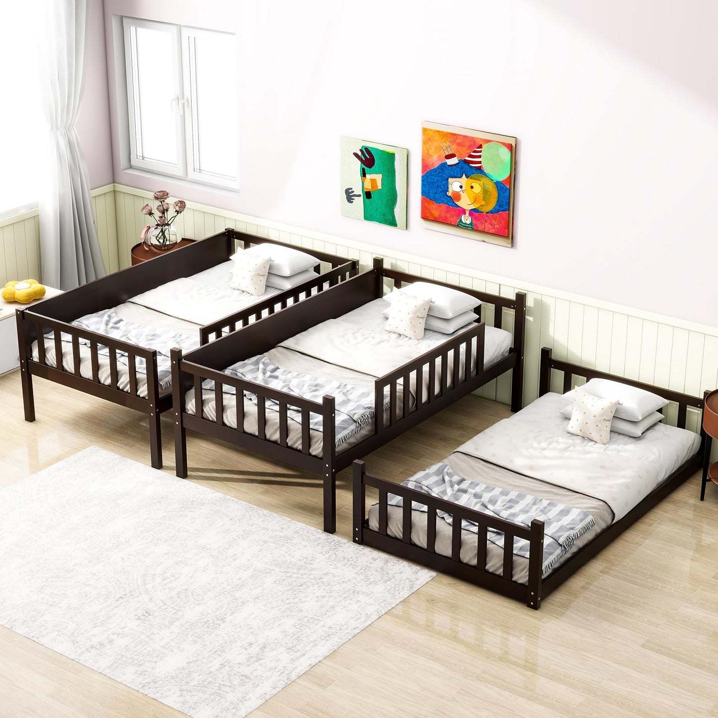 KEIKI Twin Over Twin Over Twin Triple Bunk Bed, Solid Rubber Wood Detachable 3-in-1 Bed Frame with Ladders & Full Guardrails, Space-Saving Boys & Girls Bed for Family & Sleepovers, Espresso