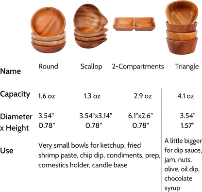 Mini Wooden Bowl Set of 4, 3.54" Diameter for Condiments, Dip Sauce, Small Wood Bowl for Jam, Olive