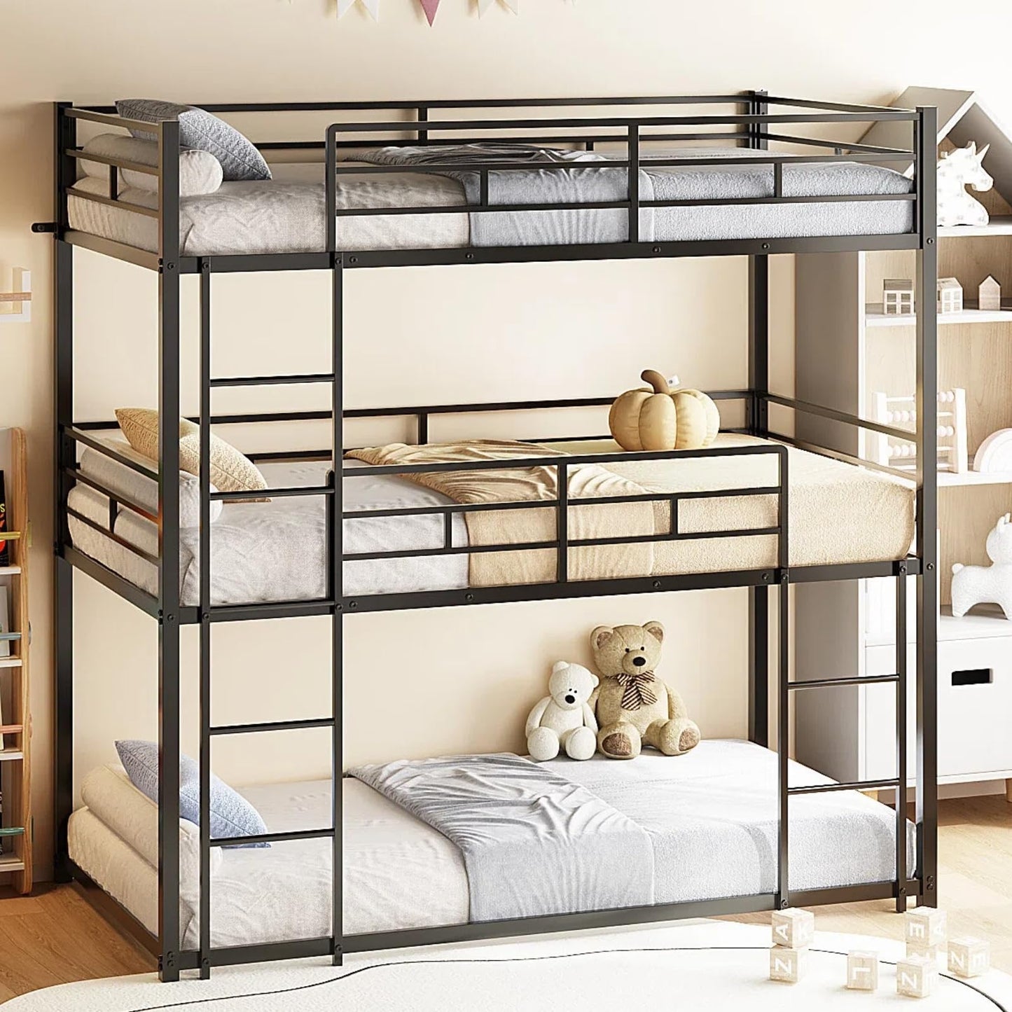 JOYMOR Triple Bunk Bed Twin Over Twin Over Twin, Metal 3 Bunk Bed for Kids, Teens and Adults, Heavy Duty Triple Bed Frame with Safety Guardrail, No Box Spring Needed