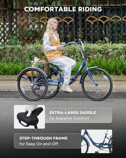 VIRIBUS Foldable Adult Tricycle, 7 Speed Folding Tricycle for Adults with Removable Wheeled Basket, Folding 3 Wheel Bikes for Adults Men Male Seniors 24 inch, Collapsible Trike 330 LB. Blue