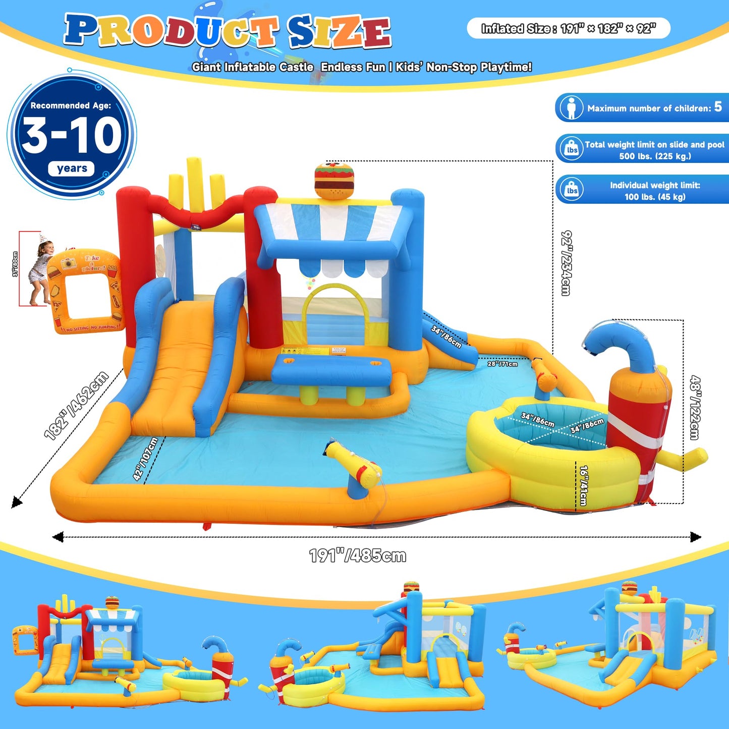 Large Inflatable Water Slide Park for Big Kids, 13-in-1 Bounce House Water Slide with Double Slides, Blower, Splash Pool, Deep Pool, 16X15X7.7ft Burger Theme Party Outdoor Backyard Blow Up Water Slide