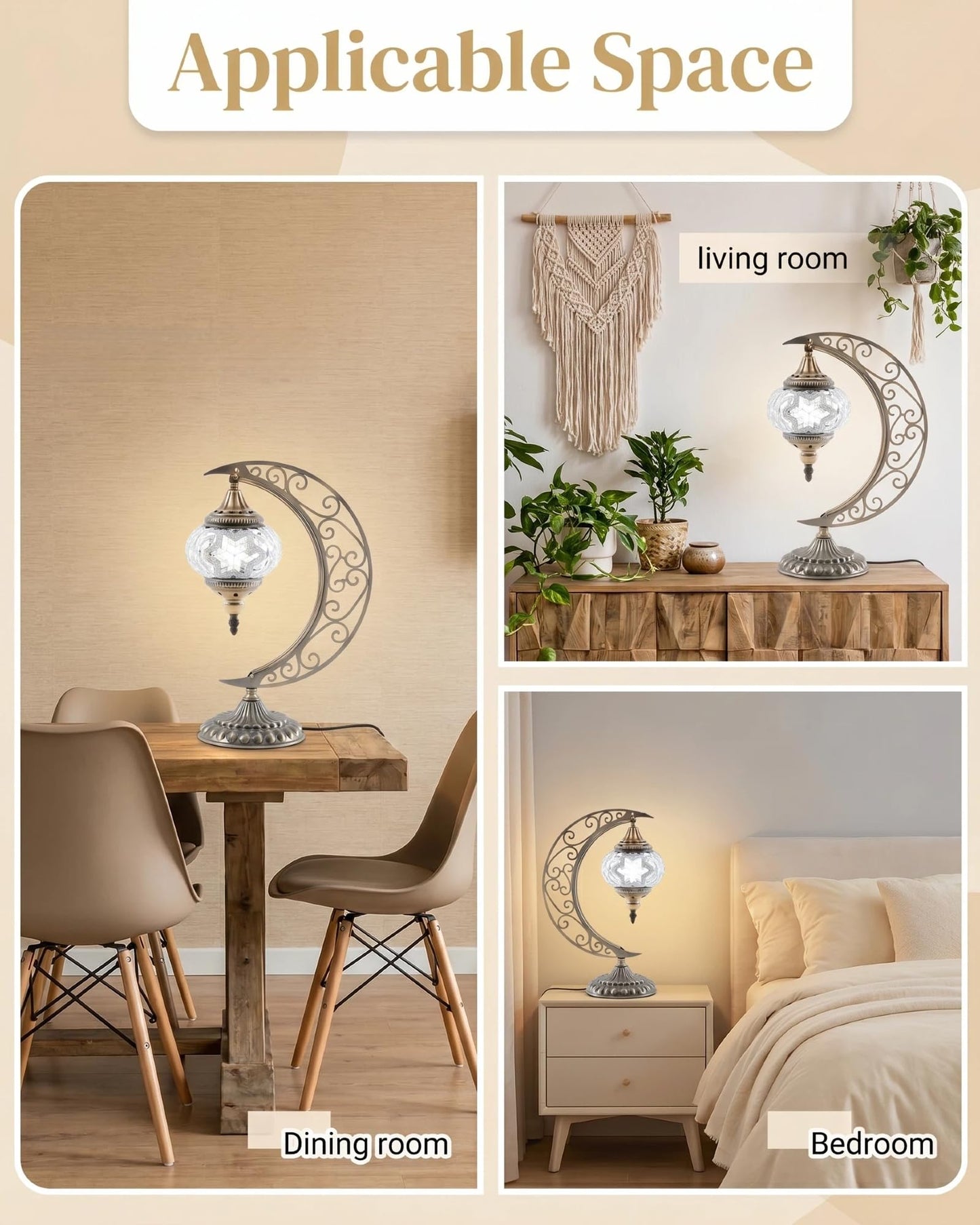 Baquler Turkish Mosaic Moon Lamp - Handmade Stained Glass Table Lamp with Metal Crescent Base, Bohemian Moroccan Bedside Night Light for Bedroom Living Room Decor, Unique Gift(Classic Style)