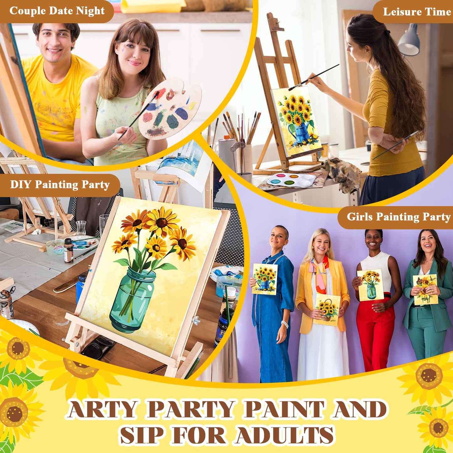 Humyoun 8 Sets 8" x 10" Sunflower Pre Drawn Canvas to Paint for Sip and Paint Party Sunflower Predrawn Coloring Set Pre Sketched Canvas Boards with Paints and Brushes for Adult