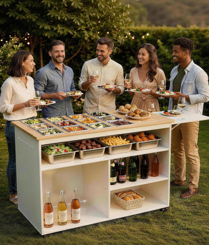 Ceridwen Wooden Mobile Serving Cart,Foldable Table Board with Mobile Food Cart, 12 PCS 304 Stainless Steel Plates, Adjustable Shelves for Party Wedding Kitchen Outdoor (White, 1.2M)