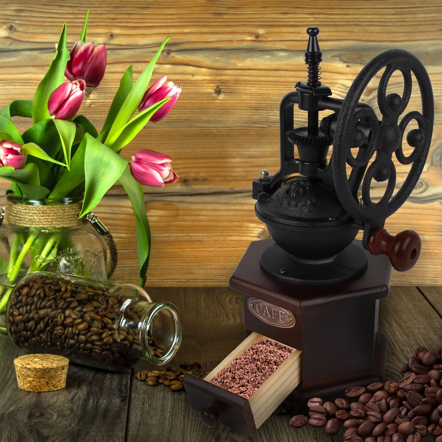 Coffee Grinder,Wooden Coffee Bean Grinder Manual Coffee Grinder Roller, Antique Coffee Mill with Cast Iron Hand Crank for Making Mesh Coffee, Decoration, Best Gift (Brown (six deformation base))