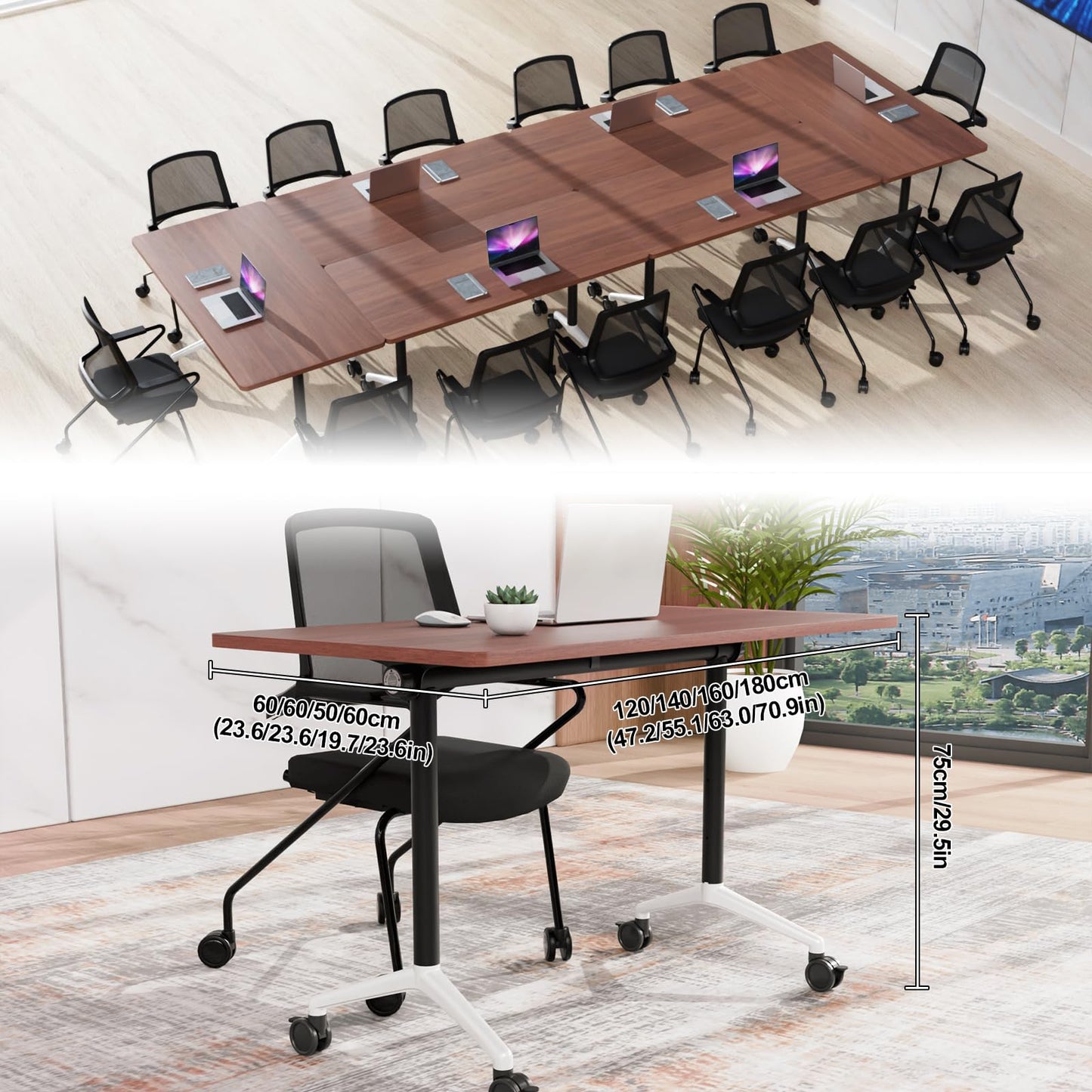 robwibw 63INCH Folding Conference Table On Wheels, 6 Pack Modular Walnut Rolling Conference Room Tables for 8-16 Person Training Table for Office Classroom(6, Walnut, 63 INCH)