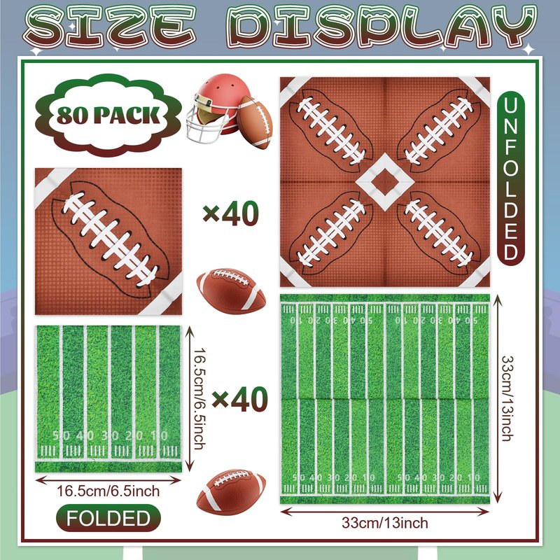80 Count Football Paper Napkins - 2 Pattern 13 x 13 Inches Disposable Beverage Cocktail Napkins with Sports Ball and Field Designs for Tailgate Parties, Birthdays, and Sports Events