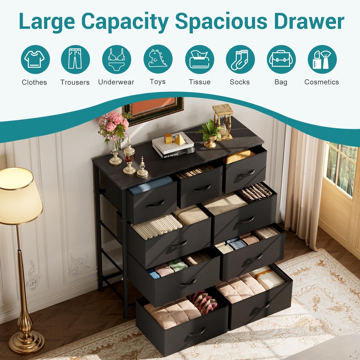 OLIXIS 9 Drawers Storage Organizers Units, Closet Organizers and Storage for Clothes, Fabric Storage Drawer for Living Room, Chest of Dresser in 39.4" D x 11.8" W x 39.9" H, Black