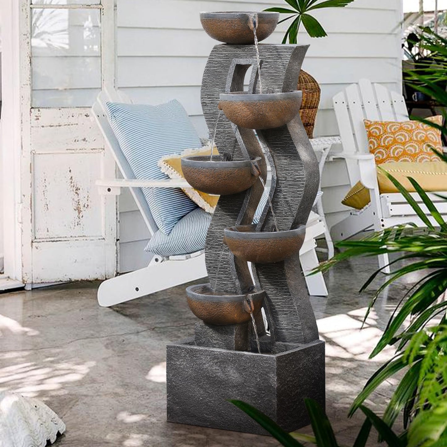 Takamota 52.8" Tall Outdoor Water Fountain with Lights, 6-Tier Cascading Resin Waterfall Feature for Porch, Garden, Yard, Deck, Patio – Large Freestanding Outdoor Fountain and Waterfall Outside Decor