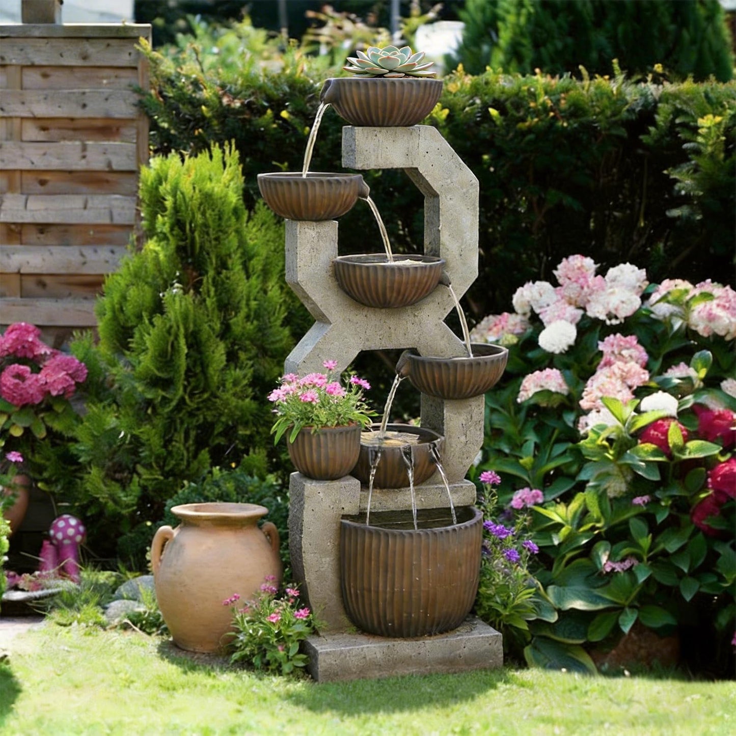 Bumilgar 57" Tall Large Outdoor Water Fountain with LED Lights, 6-Tier Cascading Bowl Waterfall Fountain, Modern Geometric Resin Garden Water Feature for Patio Yard Deck Porch Backyard Decor