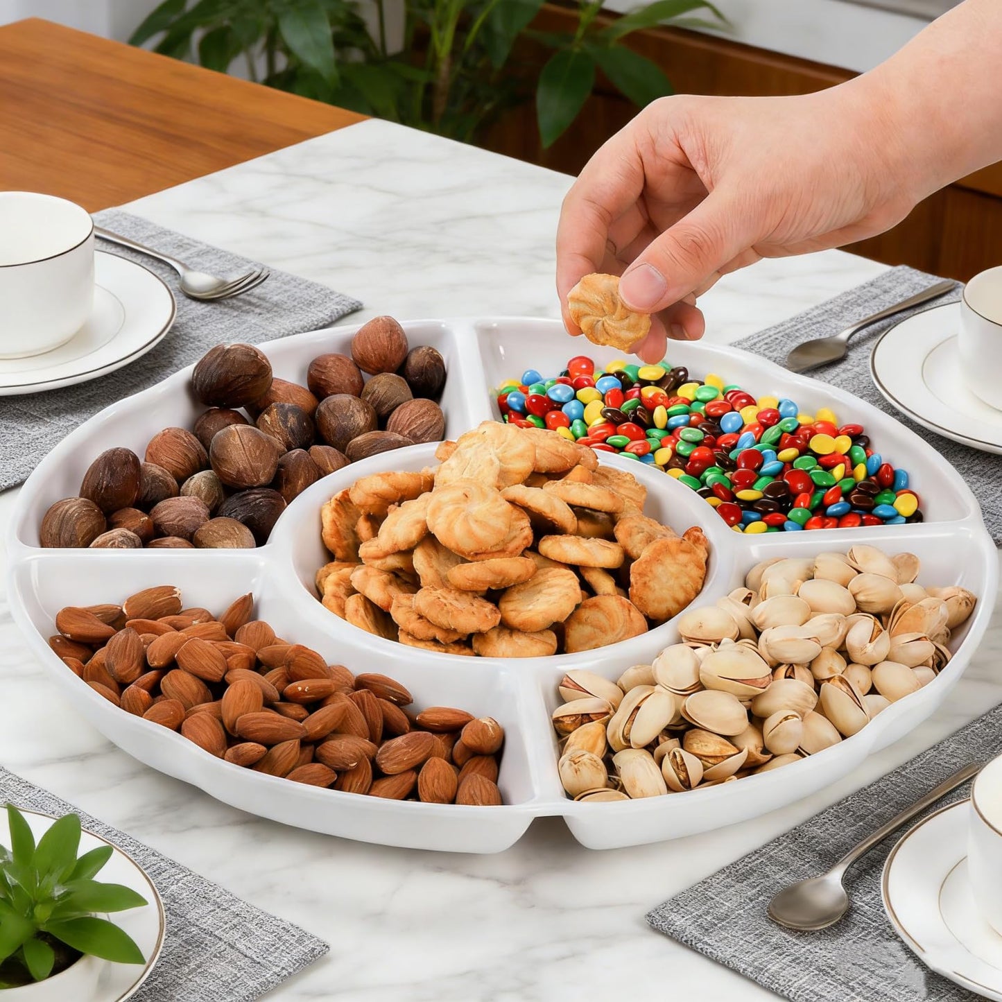 Pumtus 3 Pack Divided Serving Tray, 13 Inch Melamine Chip and Dip Platter, 5 Sectional Appetizer Veggie Plate, Party Snack Relish Tray for Serving Food, Nuts, Candy, Dried Fruit, Veggies