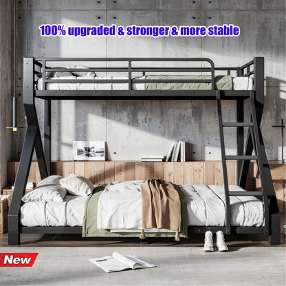 LEEKAF Stronger & Thickened Heavy Duty Metal Bunk Bed Twin XL Over Queen Size for Adults Teens, Safer More Stable Bunkbed (Greater Weight Capacity) (Black,Twin XL Over Queen A)