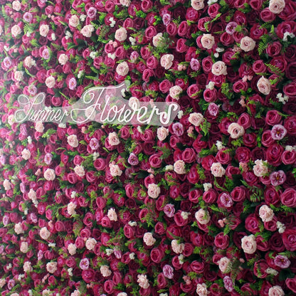 ERoomQ Purple Rose Flower Wall Green Leaf Floral Arrangement Flower Wall Panel Set, Artificial Wall Flower Backdrop 6D Silk Hydrangea Rose Floral Panel,3x3m/10x10FT
