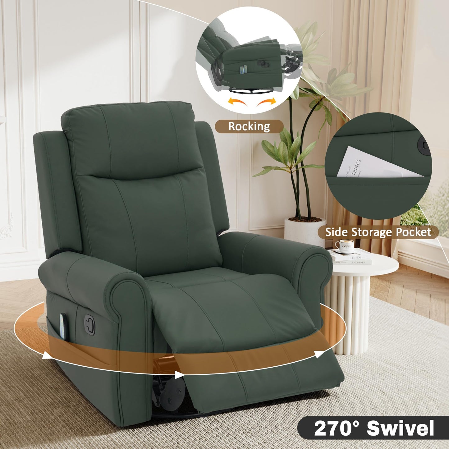 Merax 270°Swivel Rocker Recliner Chair, PU Leather Manual Recliner with Massage and Heating, Dual Reclining Positions and Side Pocket and for Living Room, Bedroom, or Nursery, Green
