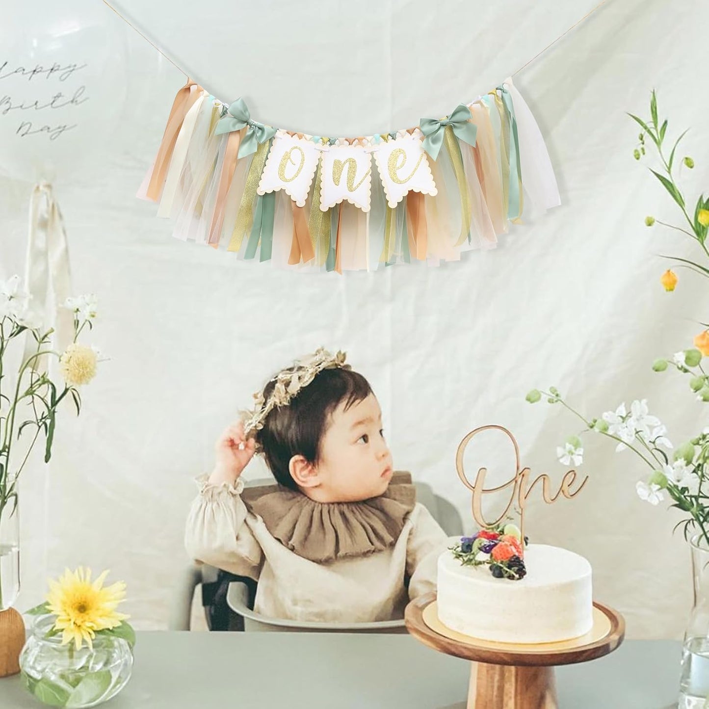 1st Sage Green One High Chair Banner - Simple Birthday Party Decorations,First Birthday Highchair Garland for Cake