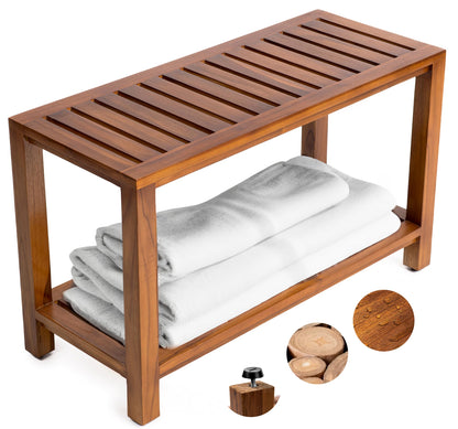 The Teaky Hut Teak Shower Bench 30 Inch – Fully Assembled Wooden Bench with Shelf, Water-Resistant, Non-Slip Adjustable Feet – Indoor Spa, Garden, or Bathroom Use