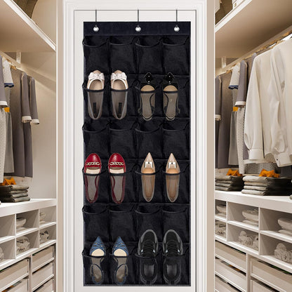 Over the Door Shoe Organizer - Black Mesh Organizer with 24 Pockets and Hooks for Space Saving Shoe Storage