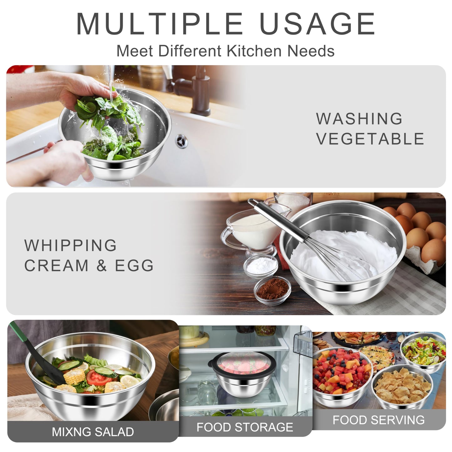 HaWare Mixing Bowls with Airtight Clear Lids, 6-Piece Stainless Steel Strong Nesting Bowls Set, Metal Salad Bowl for Cooking, Prepping, Baking, Serving & Food Storage, Size 4.6, 3, 1.5QT, Black