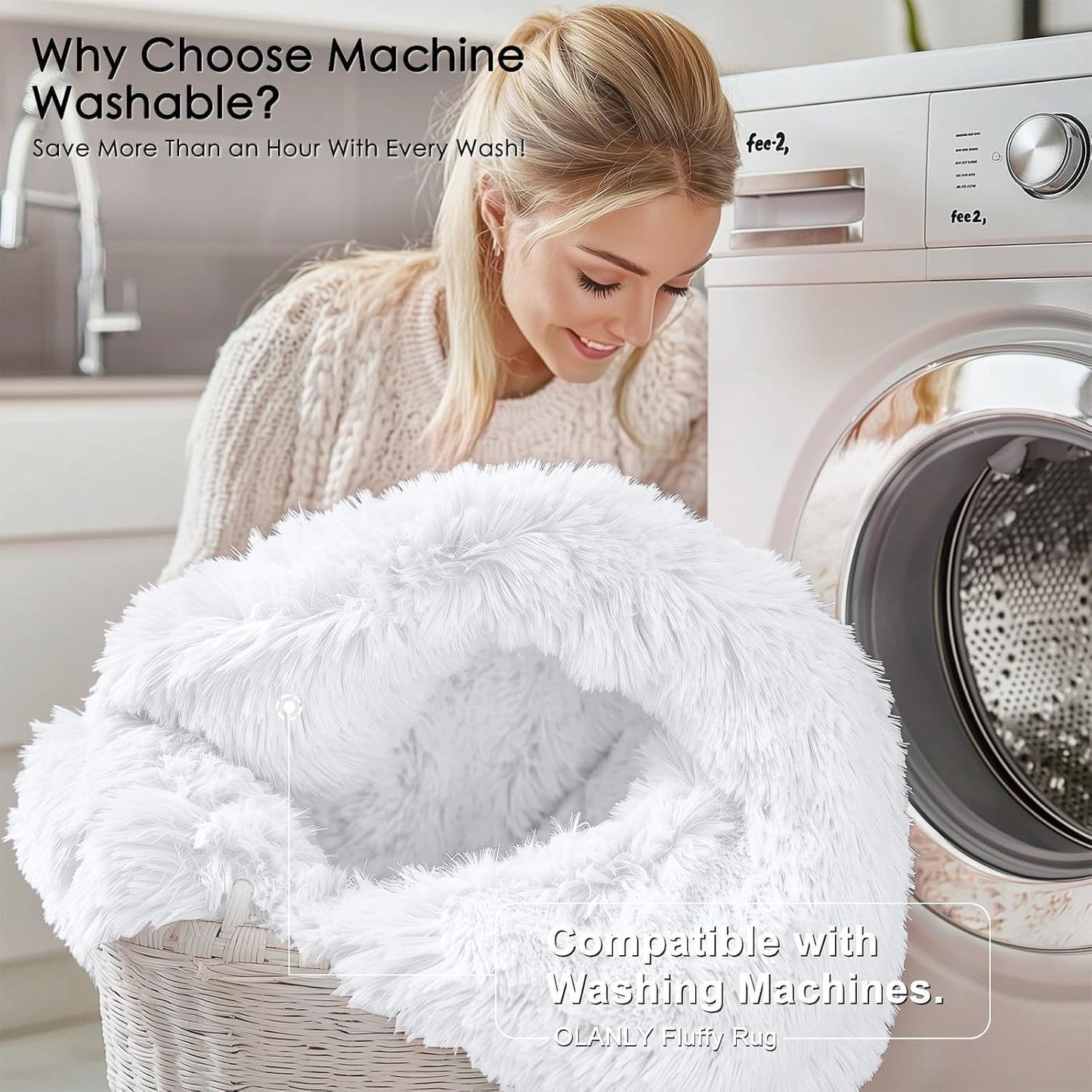 OLANLY Soft Fluffy Shaggy Area Rug - 4x5 Machine Washable Accent Rug for Bedroom & Nursery | White