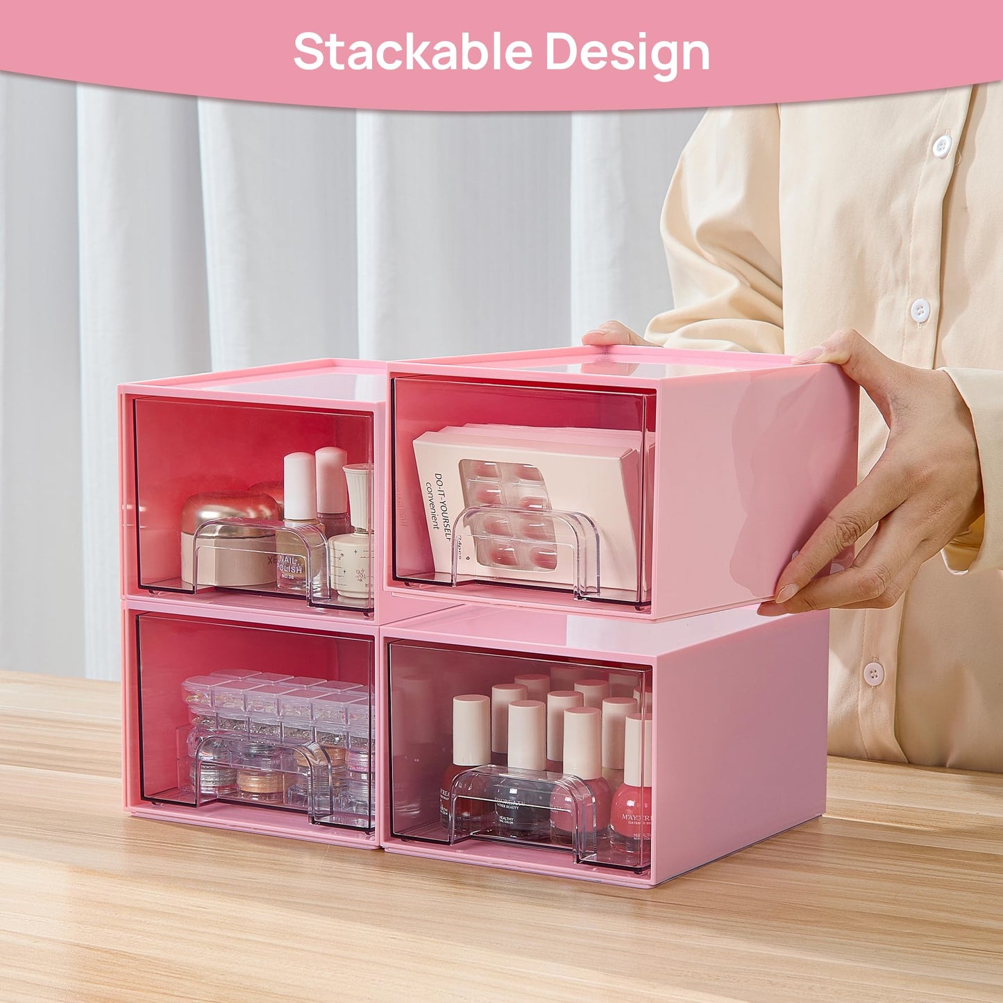 Vtopmart 4 Pack Small Clear Stackable Storage Drawers,Acrylic Bathroom Makeup Organizer,Plastic Storage Bins For Vanity, Undersink, Kitchen Cabinets, Pantry, Home Organization