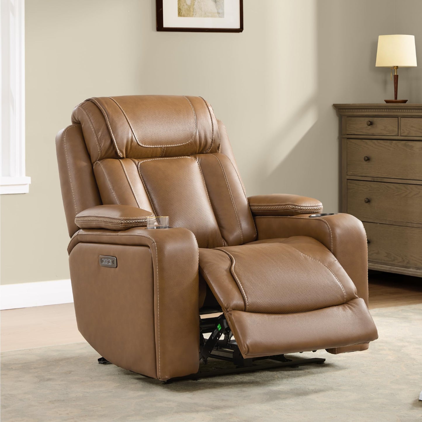 Watson & Whitely Genuine Leather Electric Recliner Chairs, Super Zero Gravity Recliner Triple-Motor W Adjustable Lumbar Headrest Support & Hidden Storage, Saddle Brown