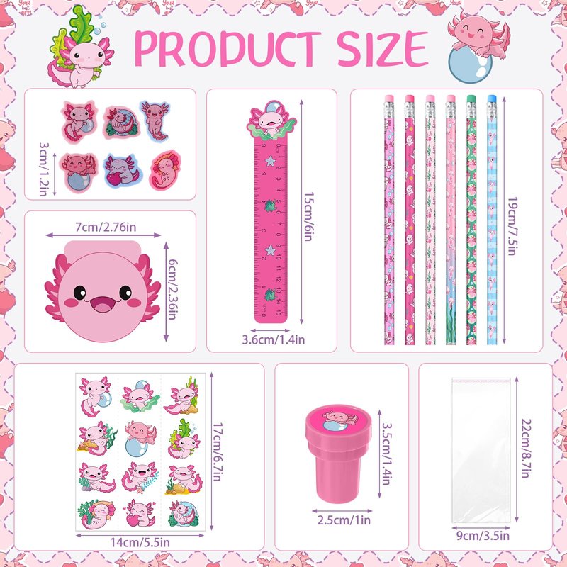 Cholemy 168 Pcs Axolotl Party Favors Axolotl Themed Pencils Notepads Stampers Rulers Erasers Stickers Bags Salamander Stationary School Supplies Kit for Valentines Day Gift Goodie Bag Piñata Filler