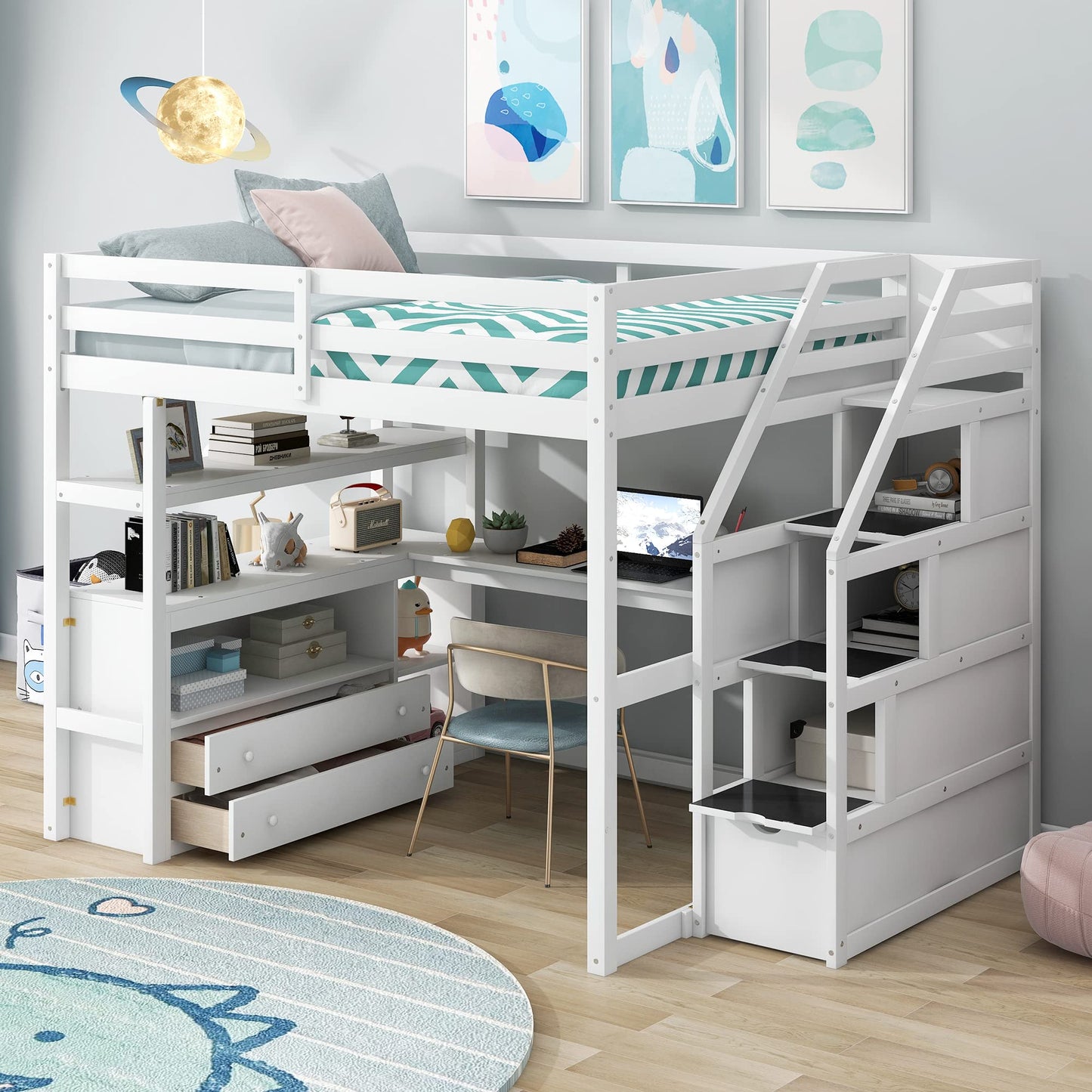 Merax Stairway Loft Bed with L Shape, Shelves, Two Tier Drawers and Storage, White Platform, Full Loft w/Desk and Staircase