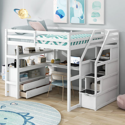 Merax Stairway Loft Bed with L Shape, Shelves, Two Tier Drawers and Storage, White Platform, Full Loft w/Desk and Staircase