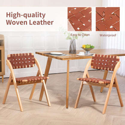 HOMEFUN Folding Dining Chairs Set of 2, Wooden Foldable Chair with Leather-Woven Backrest and Widened Seat Extra for Guests Kitchen Office Wedding Picnic Brown