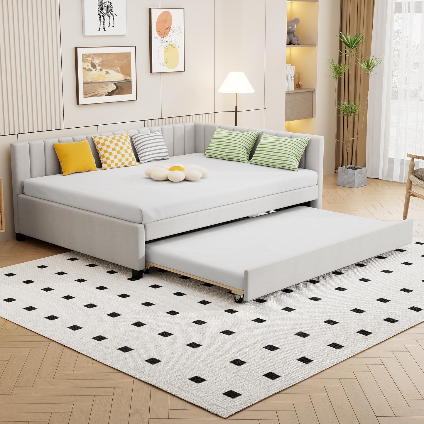 PVWIIK Full Size Upholstered DayBed with Trundle & Modern Style for Adult,Kids,Bedroom,L-Shaped Bedframe,Beige
