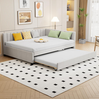 PVWIIK Full Size Upholstered DayBed with Trundle & Modern Style for Adult,Kids,Bedroom,L-Shaped Bedframe,Beige