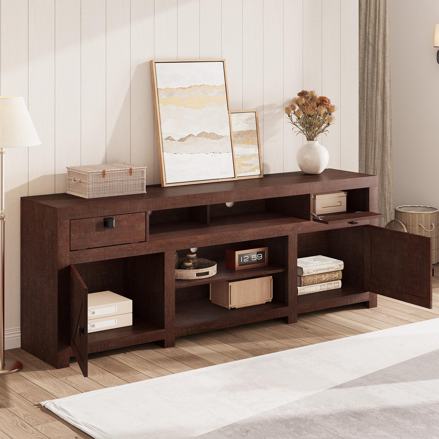 Farmhouse TV Stand for 75/80 Inch TVs, Long Entertainment Center with 4 Storage Drawers & 3 Open Shelf, Television Consoles Stands for Living Room, Bedroom