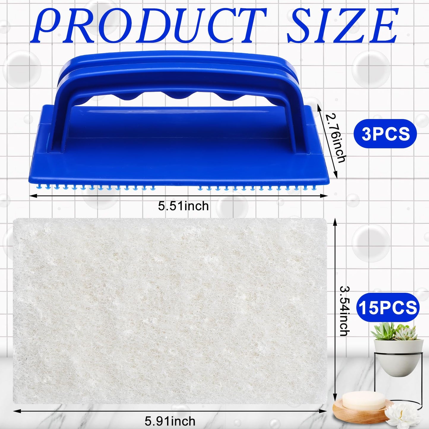 Maxdot 18 Pcs Handled Bath Scrubber Set, 15 Bathroom Scouring Pad 3 Bathtub Scrubber with Handle Non Scratch Soap Scum Remover for Cleaning Sink Shower Tile Swimming Pool Step Corner(Blue and White)