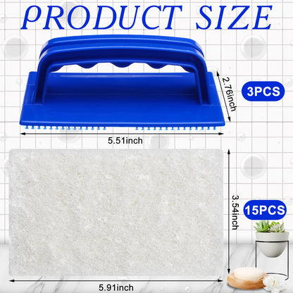 Maxdot 18 Pcs Handled Bath Scrubber Set, 15 Bathroom Scouring Pad 3 Bathtub Scrubber with Handle Non Scratch Soap Scum Remover for Cleaning Sink Shower Tile Swimming Pool Step Corner(Blue and White)