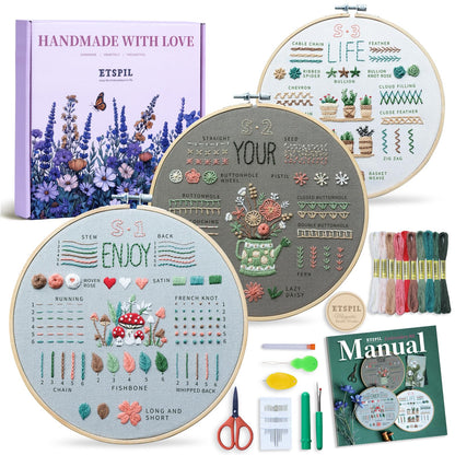 ETSPIL Embroidery Kit for Beginners, Magnetic Needle Minder & 4K Video Tutorials, Pre-Printed Floral Patterns, Bound Guide, Relaxing Screen-Free Craft for Women at Home