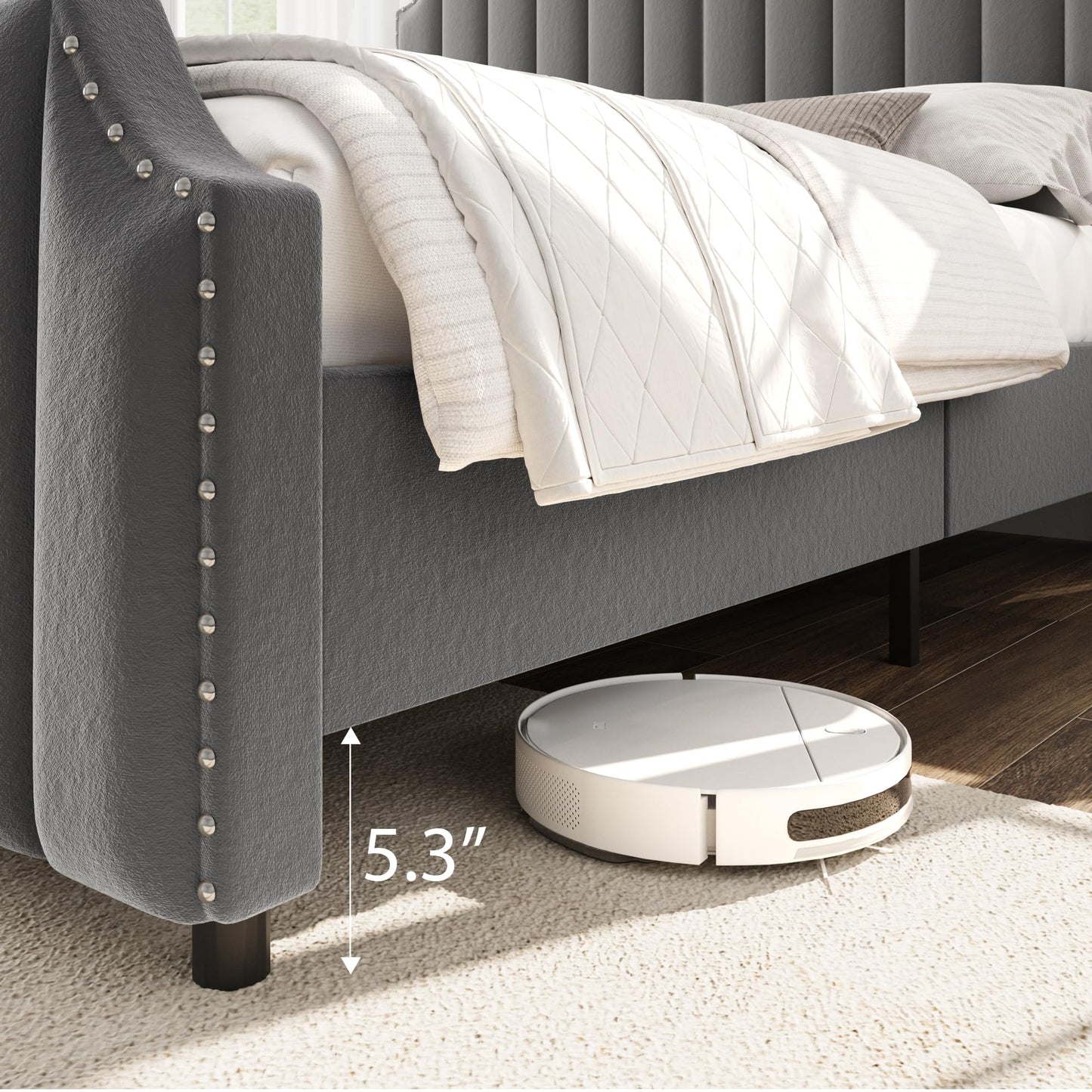 GarveeHome King Size Platform Bed Frame with 50.2 in Headboard, Velvet Upholstered Bed Frame King with Vertical Channel Tufted Headboard & Footboard, Nailhead Trim, No Box Spring Needed, Grey