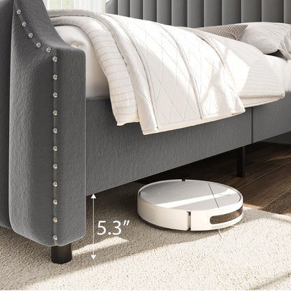 GarveeHome King Size Platform Bed Frame with 50.2 in Headboard, Velvet Upholstered Bed Frame King with Vertical Channel Tufted Headboard & Footboard, Nailhead Trim, No Box Spring Needed, Grey