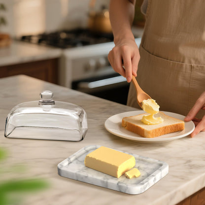 XenMee Marble Butter Dish with Lid, Elegant Large Capacity Butter Holder for Countertop & Refrigerator – Natural Cool Surface Keeps Butter in an Ideal Spreadable State – White Butter Container